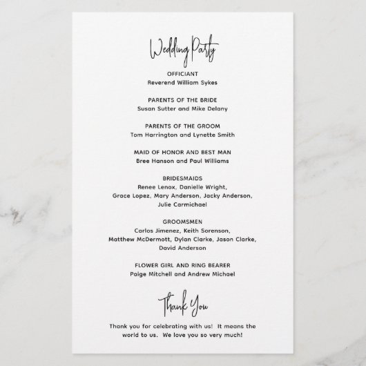 Minimalistisch zwart-wit modern trouwprogramma flyer (Achterkant)