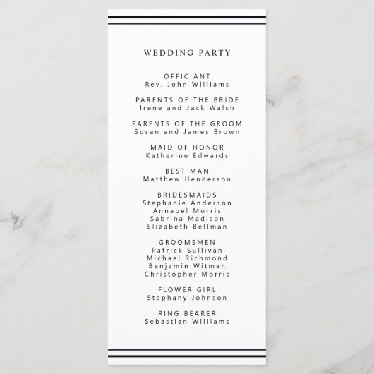 Minimalistisch zwart-wit modern trouwprogramma programmakaart (Achterkant)