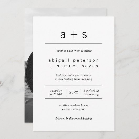 Minimalistisch zwart-wit monogram fotohuwelijk kaart (Voorkant / Achterkant)