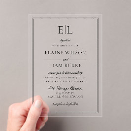 Minimalistisch zwart-wit monogram huwelijk acryl uitnodigingen