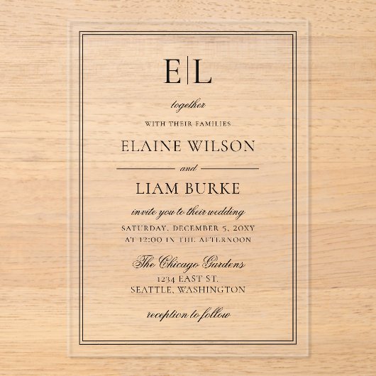 Minimalistisch zwart-wit monogram huwelijk acryl uitnodigingen (Voorkant)