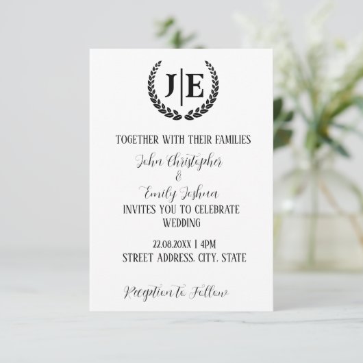 Minimalistisch zwart-wit monogram huwelijk kaart (Staand voorkant)