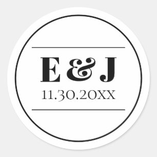 Minimalistisch zwart-wit monogram huwelijk ronde sticker