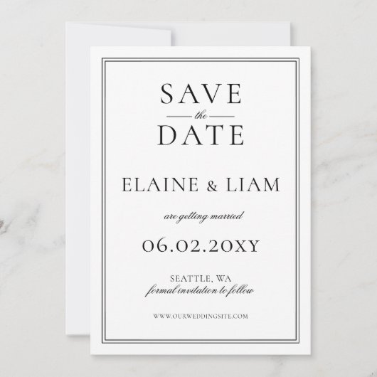Minimalistisch zwart-wit monogram huwelijk save the date (Voorkant)