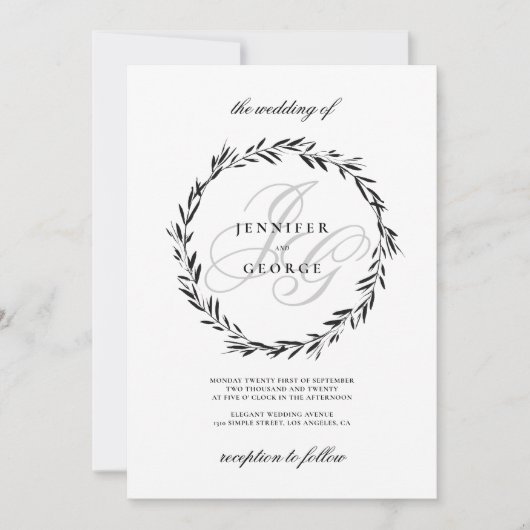 Minimalistisch zwart wit monogram initialen Trouwe Kaart (Voorkant)