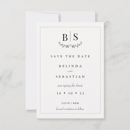 Minimalistisch zwart wit monogram Save the Date Ka Kaart (Voorkant)