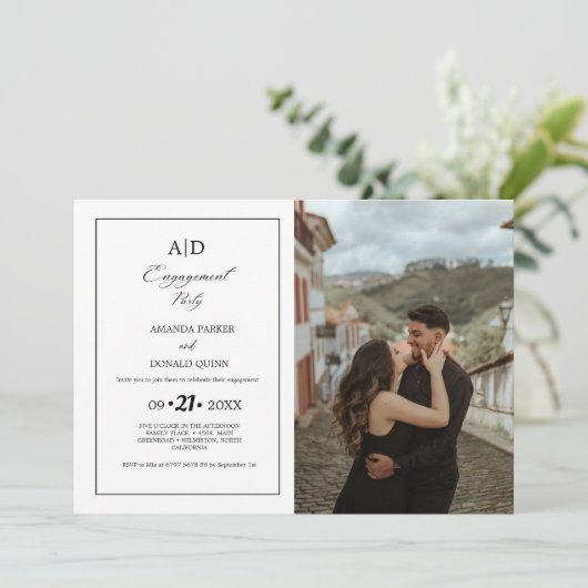 Minimalistisch zwart-wit monogram verlovingsfeest kaart (Staand voorkant)