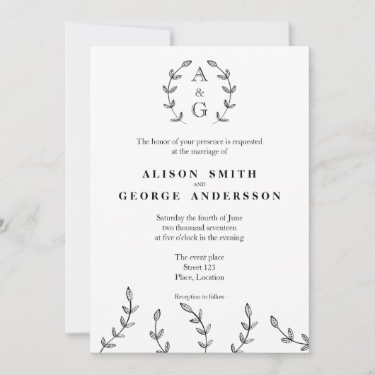 Minimalistisch zwart-wit monogram weddenschap kaart (Voorkant)