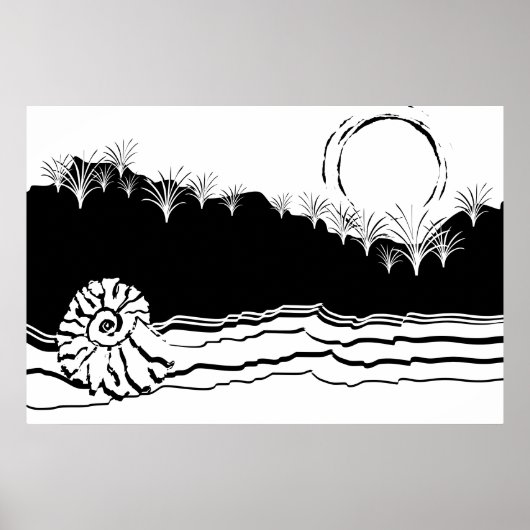 Minimalistisch zwart-wit morinum op strand poster (Voorkant)