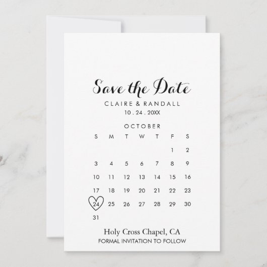 Minimalistisch zwart-wit Opslaan Datum kalender Save The Date (Voorkant)