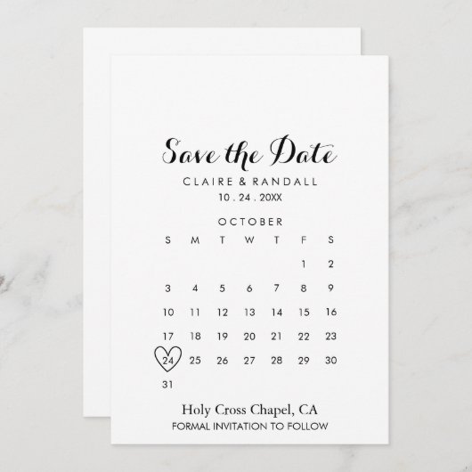Minimalistisch zwart-wit Opslaan Datum kalender Save The Date (Voorkant / Achterkant)