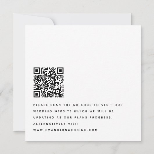 Minimalistisch Zwart Wit QR Bruiloft Save the Date (Achterkant)