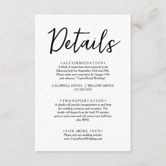 Minimalistisch zwart-wit script bruiloft details informatiekaartje (Voorkant)
