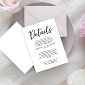 Minimalistisch zwart-wit script bruiloft details informatiekaartje
