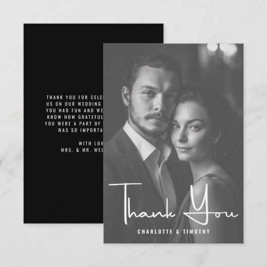 Minimalistisch zwart wit script bruiloft foto bedankkaart (Voorkant / Achterkant)