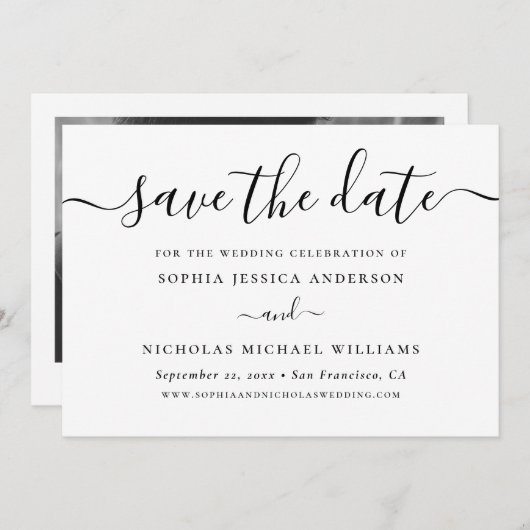 Minimalistisch zwart-wit script | Elegante foto Save The Date (Voorkant / Achterkant)