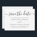 Minimalistisch zwart-wit script | Elegante foto Save The Date<br><div class="desc">Kondig uw bruiloft aan met deze elegante zwart-wit save the date-kaart met moderne scripttypografie op de voorkant en een persoonlijke foto op de achterkant. Het strakke minimalistische ontwerp benadrukt uw namen, trouwdatum, locatie en website, terwijl de achterkant u ruimte geeft om uw favoriete verloving-foto te laten zien. Een tijdloze en...</div>