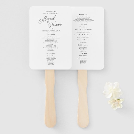 Minimalistisch zwart-wit script huwelijksprogramma handwaaier (Voorkant en achterkant)