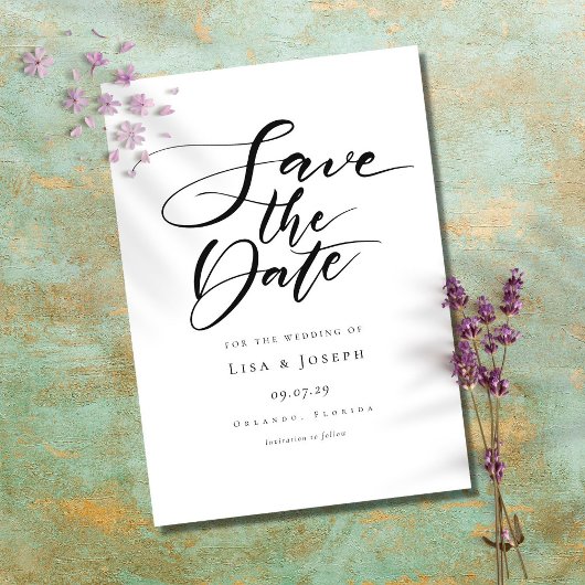 Minimalistisch zwart-wit script Opslaan datum Briefkaart