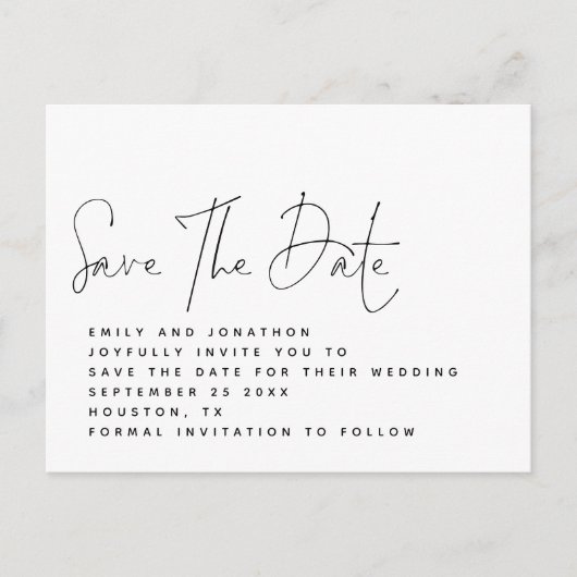 Minimalistisch zwart wit script slaat de datum op briefkaart (Voorkant)