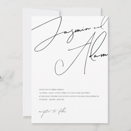 Minimalistisch zwart wit script typografie bruilof kaart (Voorkant)