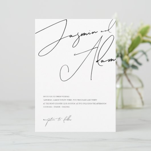Minimalistisch zwart wit script typografie bruilof kaart (Staand voorkant)