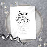 Minimalistisch zwart-wit sparen de Datum Aankondigingskaart<br><div class="desc">Deze minimalistische save the date kaart is voorzien van een prachtig script om de datum boven uw gegevens in elegante tekst op te slaan. Ontworpen door Thisnotme©</div>