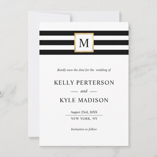 Minimalistisch Zwart Wit Strepen Monogram Goud Save The Date (Voorkant)