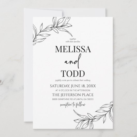 Minimalistisch zwart wit tak blad bruiloft kaart (Voorkant)