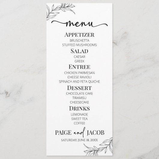 Minimalistisch zwart wit tak blad bruiloft menu (Voorkant)