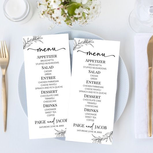 Minimalistisch zwart wit tak blad bruiloft menu