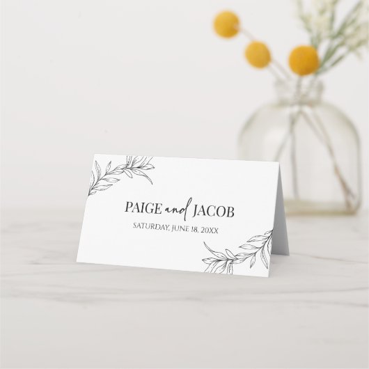 Minimalistisch zwart wit tak blad bruiloft plaatskaartje (Achterkant)