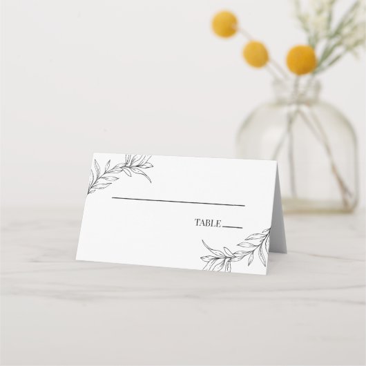Minimalistisch zwart wit tak blad bruiloft plaatskaartje (Voorkant)