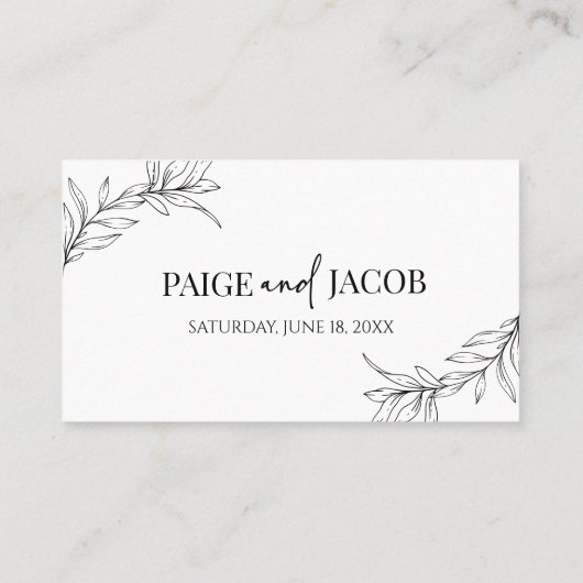 Minimalistisch zwart wit tak blad bruiloft plaatskaartje (Achterkant)
