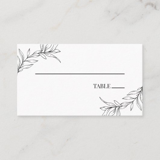 Minimalistisch zwart wit tak blad bruiloft plaatskaartje (Voorkant)