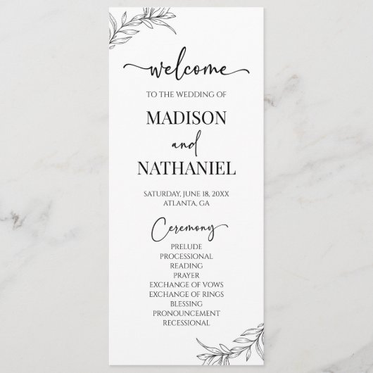 Minimalistisch zwart wit tak blad bruiloft programmakaart (Voorkant)