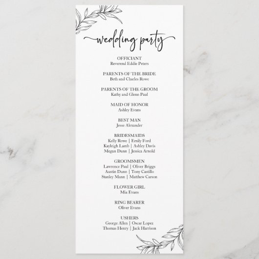 Minimalistisch zwart wit tak blad bruiloft programmakaart (Achterkant)