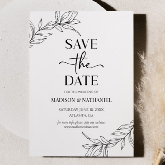 Minimalistisch zwart wit tak blad bruiloft save the date
