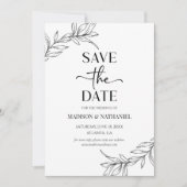 Minimalistisch zwart wit tak blad bruiloft save the date (Voorkant)