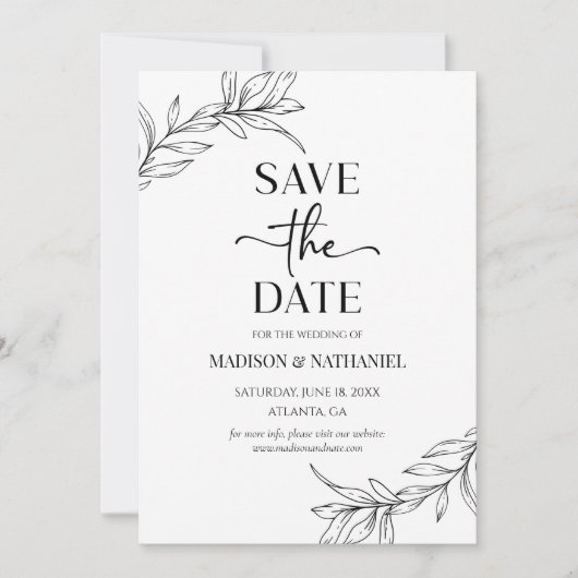 Minimalistisch zwart wit tak blad bruiloft save the date (Voorkant)