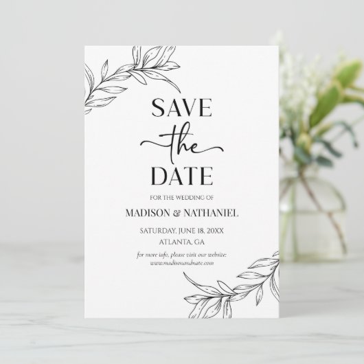 Minimalistisch zwart wit tak blad bruiloft save the date (Staand voorkant)