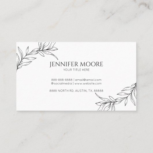 Minimalistisch zwart wit takblad visitekaartje (Achterkant)