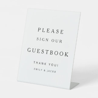 Minimalistisch zwart-wit trouwgastenboek reclamebord met voetstuk