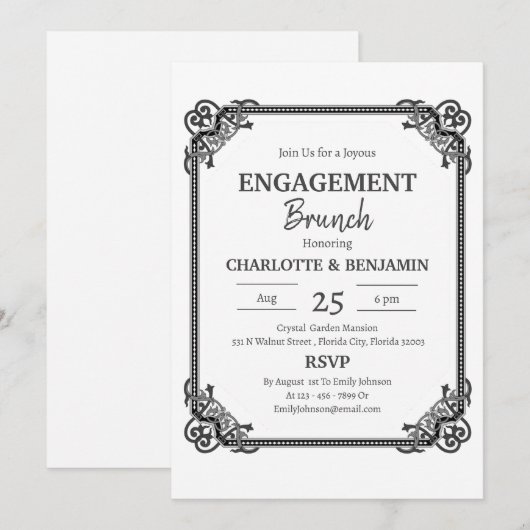Minimalistisch Zwart & Wit Verloving Brunch Party Kaart (Voorkant / Achterkant)