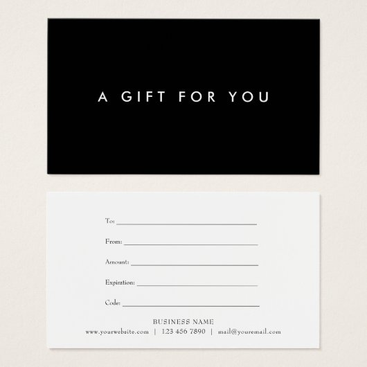 Minimalistisch zwart-witcadeaucertificaat visitekaartje (Voorkant /achterkant)