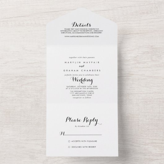 Minimalistisch zwart-withuwelijk all in one uitnodiging (Binnen)