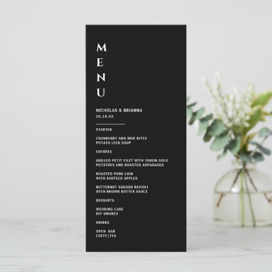 Minimalistisch zwart-withuwelijk menu (Staand voorkant)