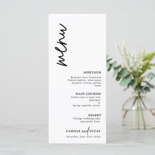 Minimalistisch zwart-withuwelijk menu (Staand voorkant)