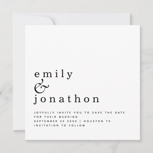 Minimalistisch zwart withuwelijk sparen de datum save the date (Voorkant)