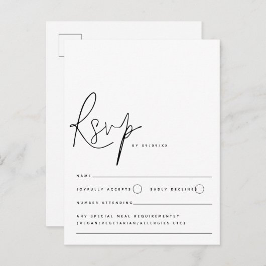 Minimalistisch zwart witscript bruiloft RSVP Briefkaart (Voorkant / Achterkant)